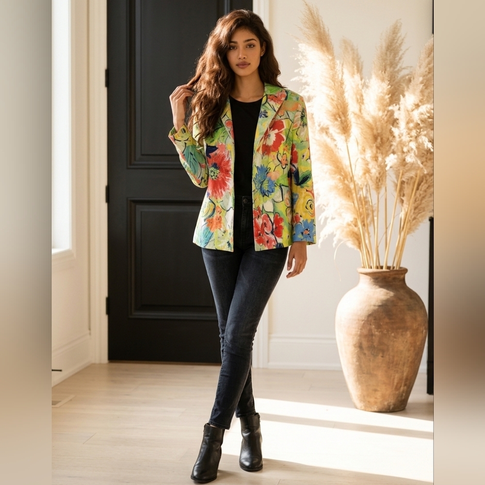 Vintage Painted Pony Bright Floral Blazer Notched Lapels Open Front Jacket Large